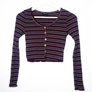 TIMING Striped Button Down Long Sleeve Crop Top